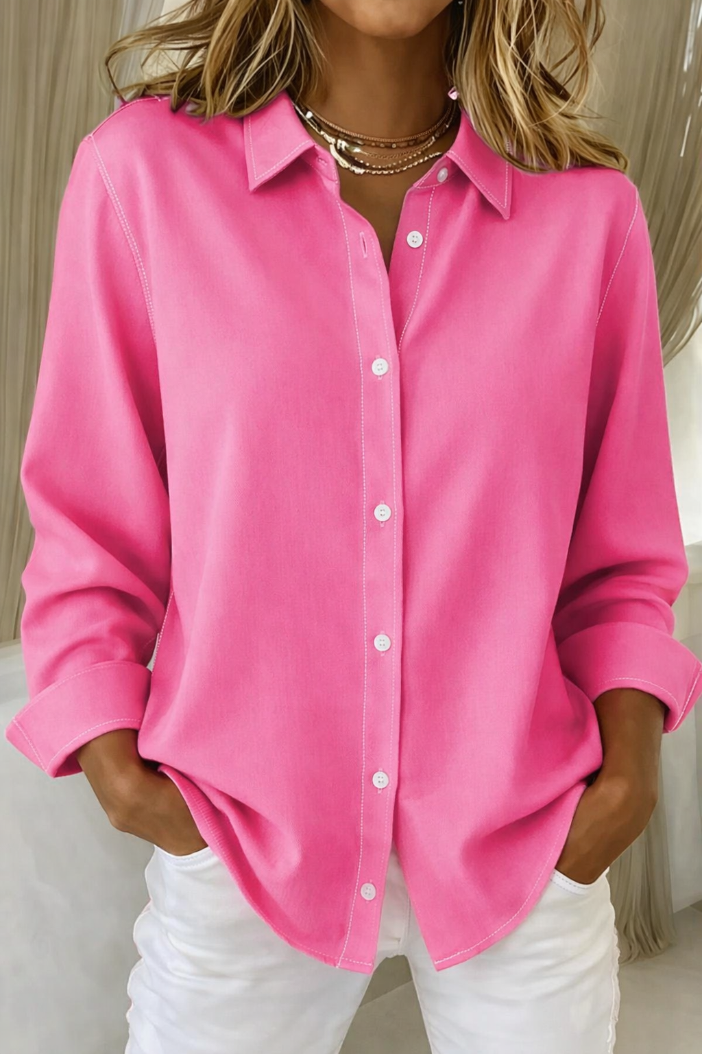 Women's Loose Fit Button Blouse Lightweight Casual Summer Style