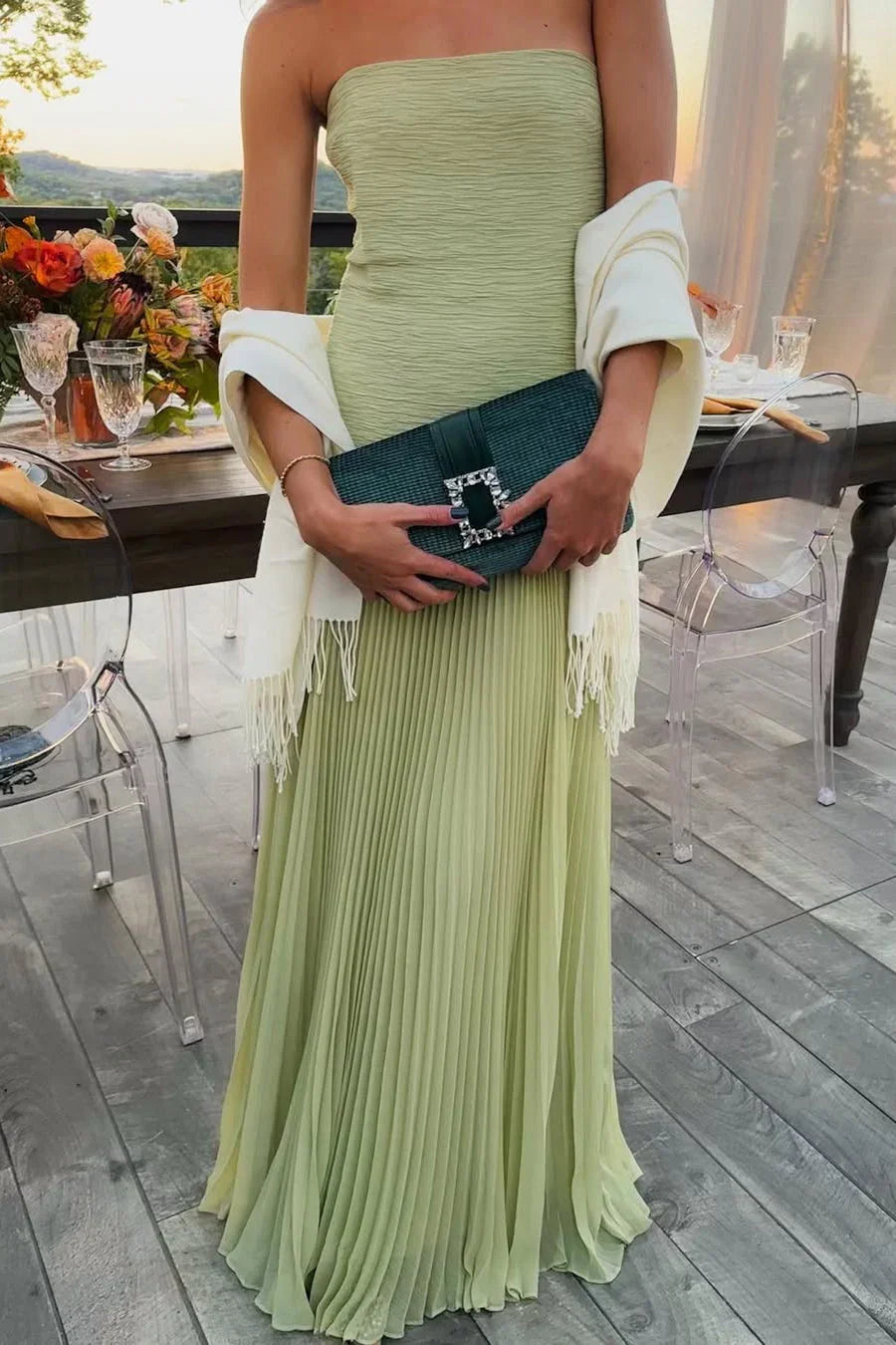 Women's Pleated Maxi Dress Fitted Fluid Formal Wedding - 1