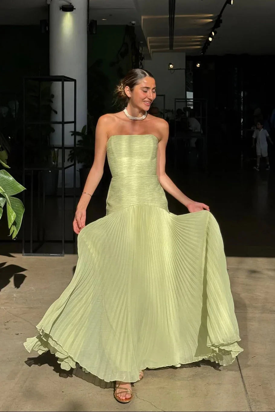 Women's Pleated Maxi Dress Fitted Fluid Formal Wedding - 6