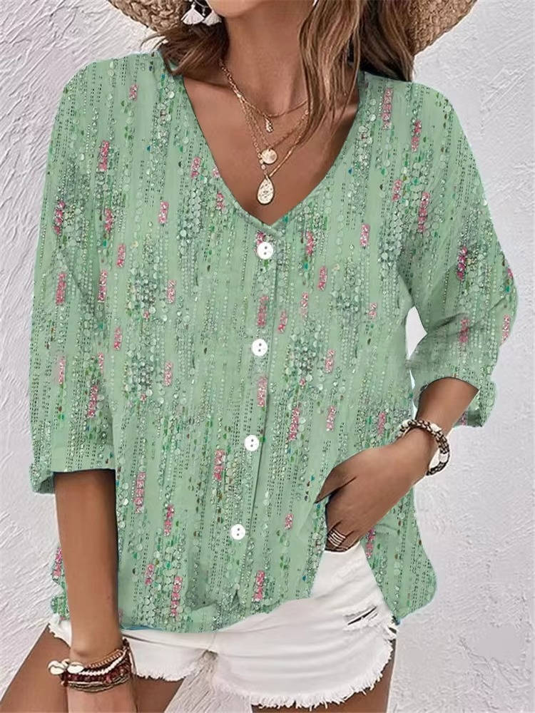 Women's Printed V-Neck Blouse Three Quarter Sleeve Button Front Relaxed - 2