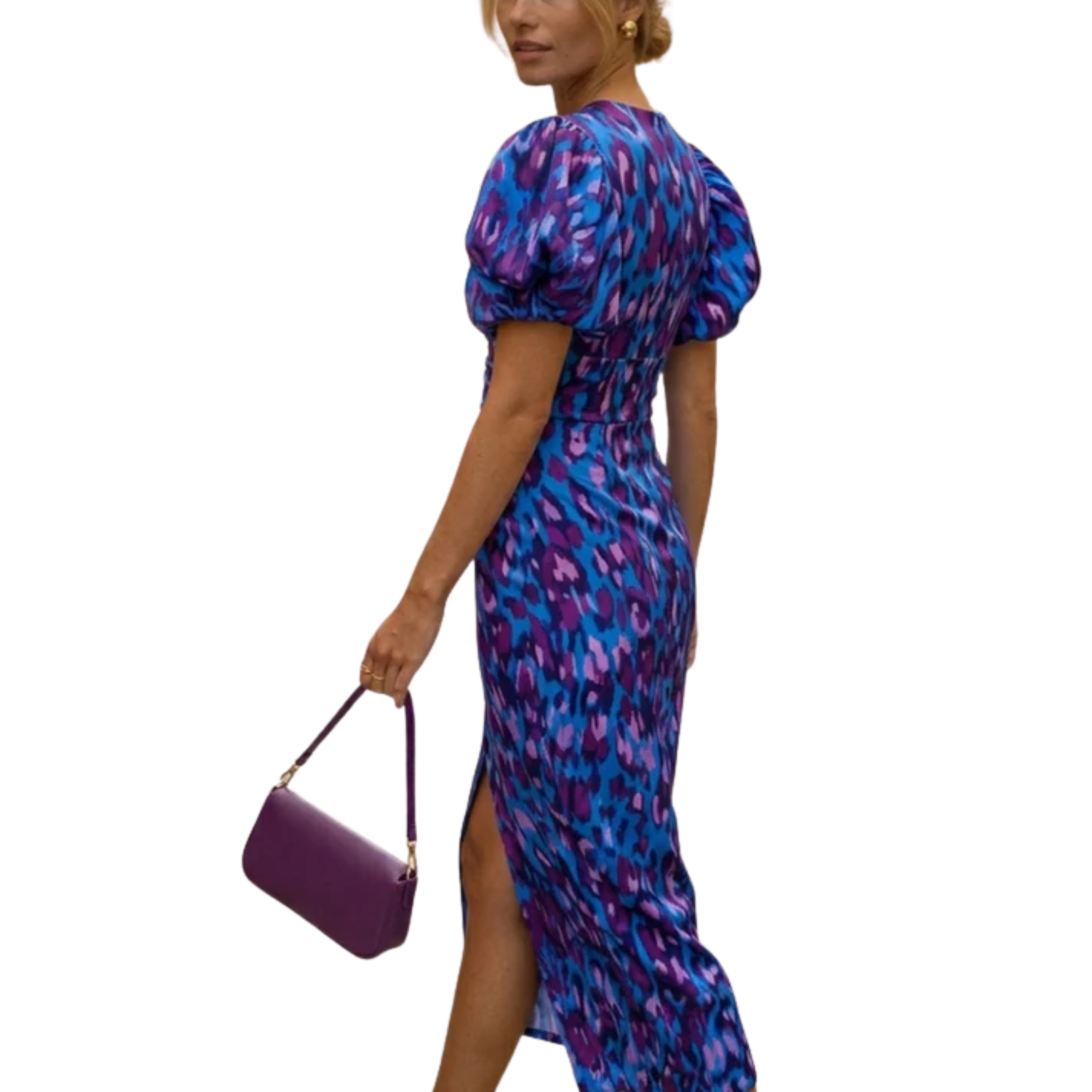Women's Printed Wrap Maxi Dress Deep V-Neck Volume Sleeve Crossover - 2