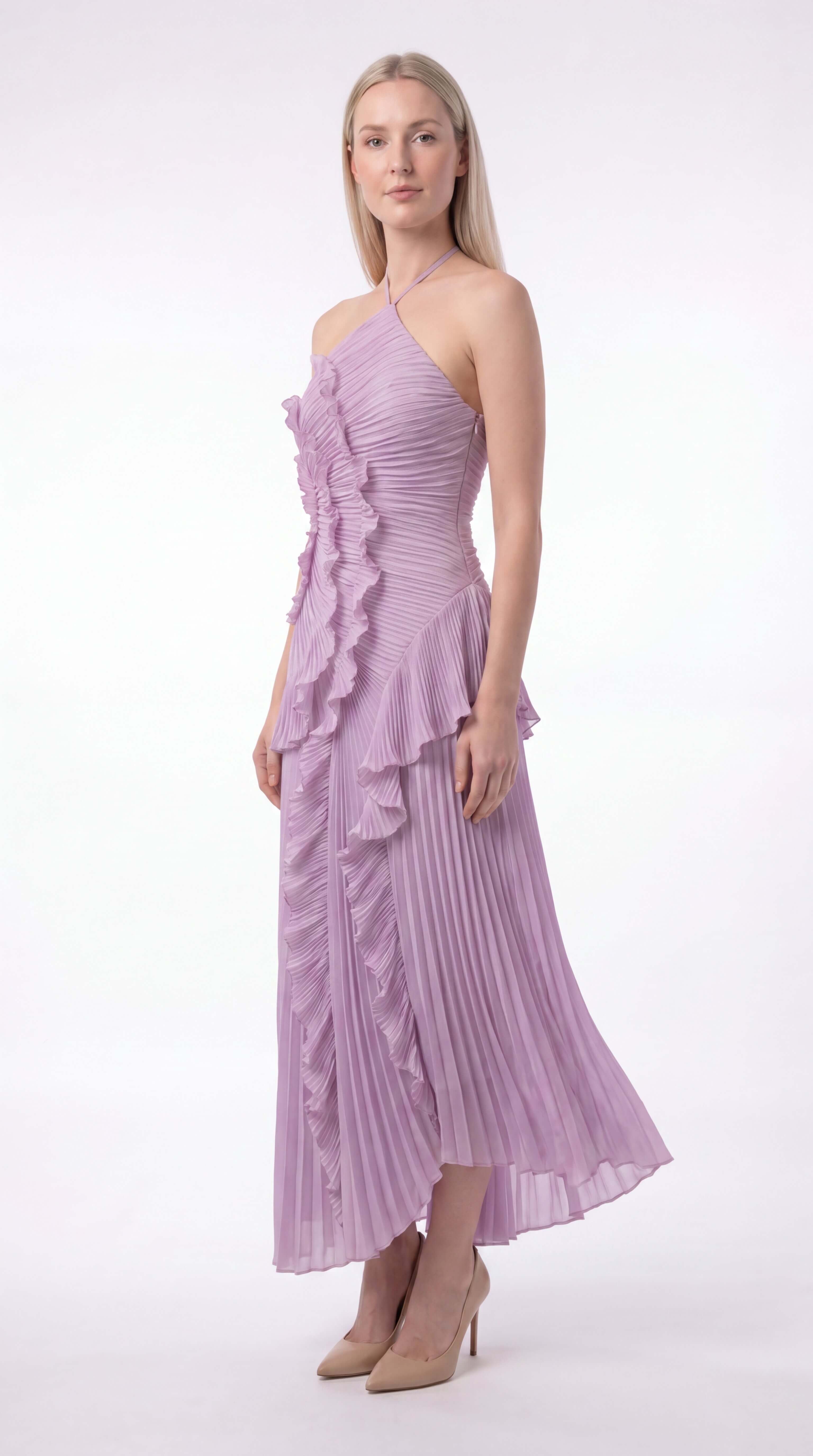 Women's Ruffle Halter Maxi Dress Wedding Guest Formal Gown - 3