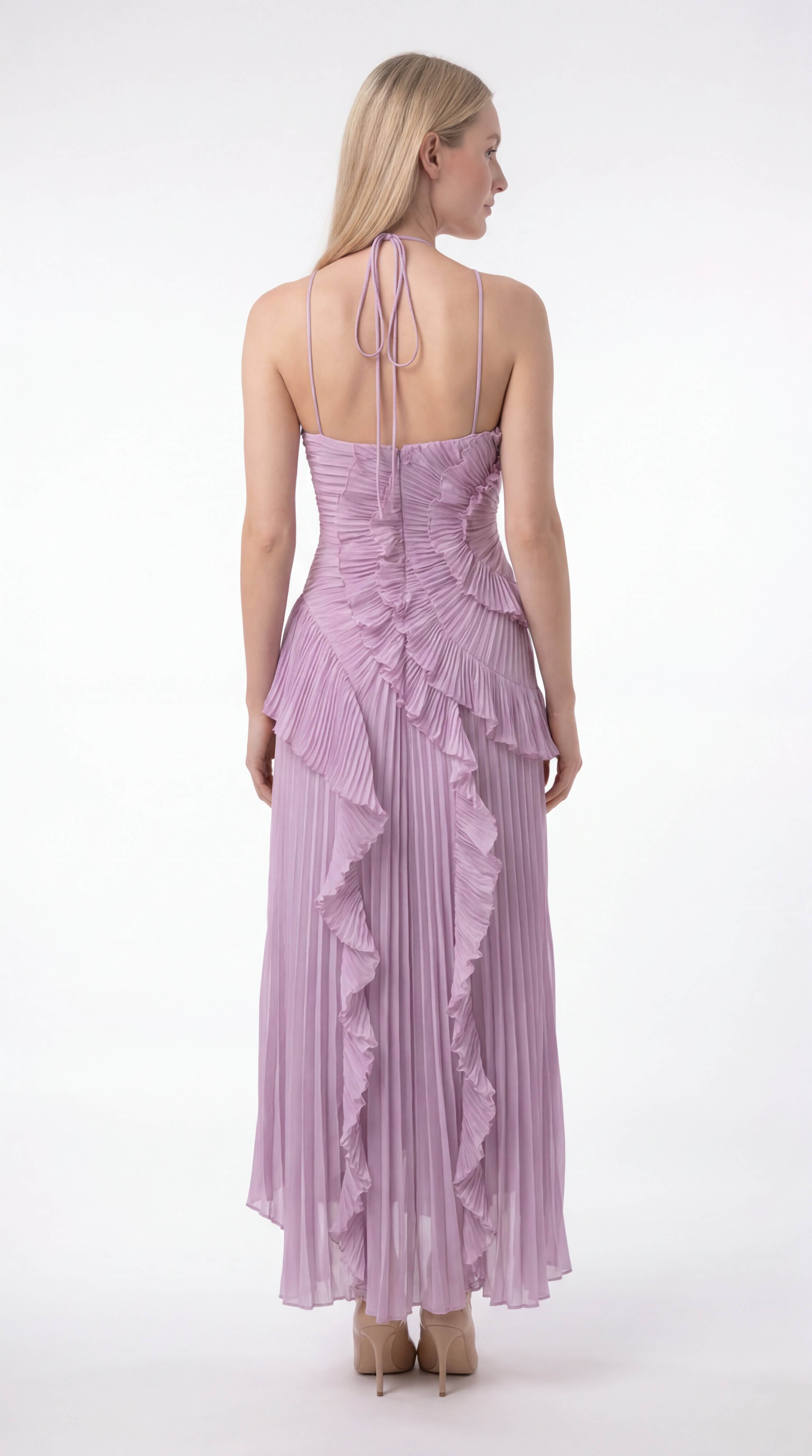 Women's Ruffle Halter Maxi Dress Wedding Guest Formal Gown - 4