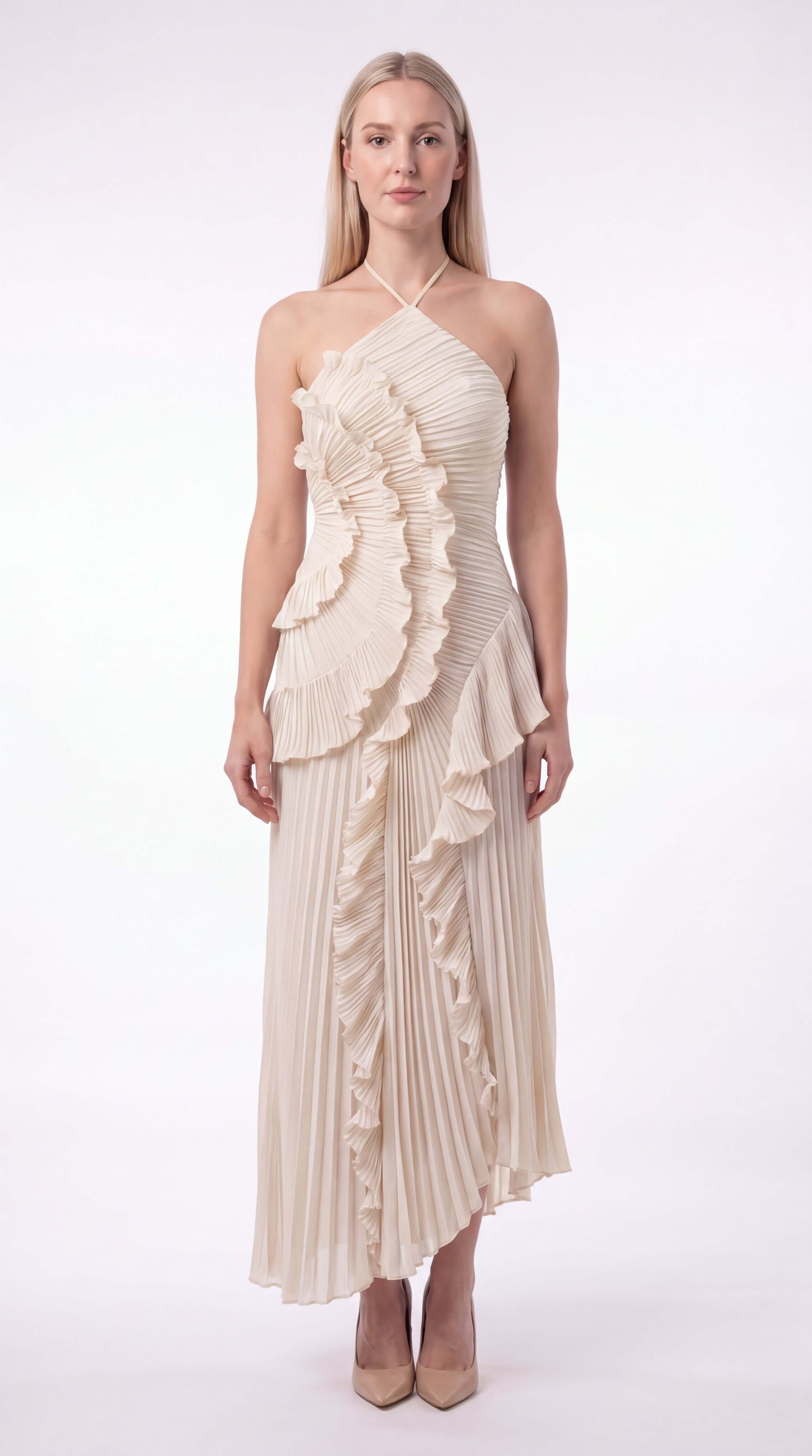 Women's Ruffle Halter Maxi Dress Wedding Guest Formal Gown - 5