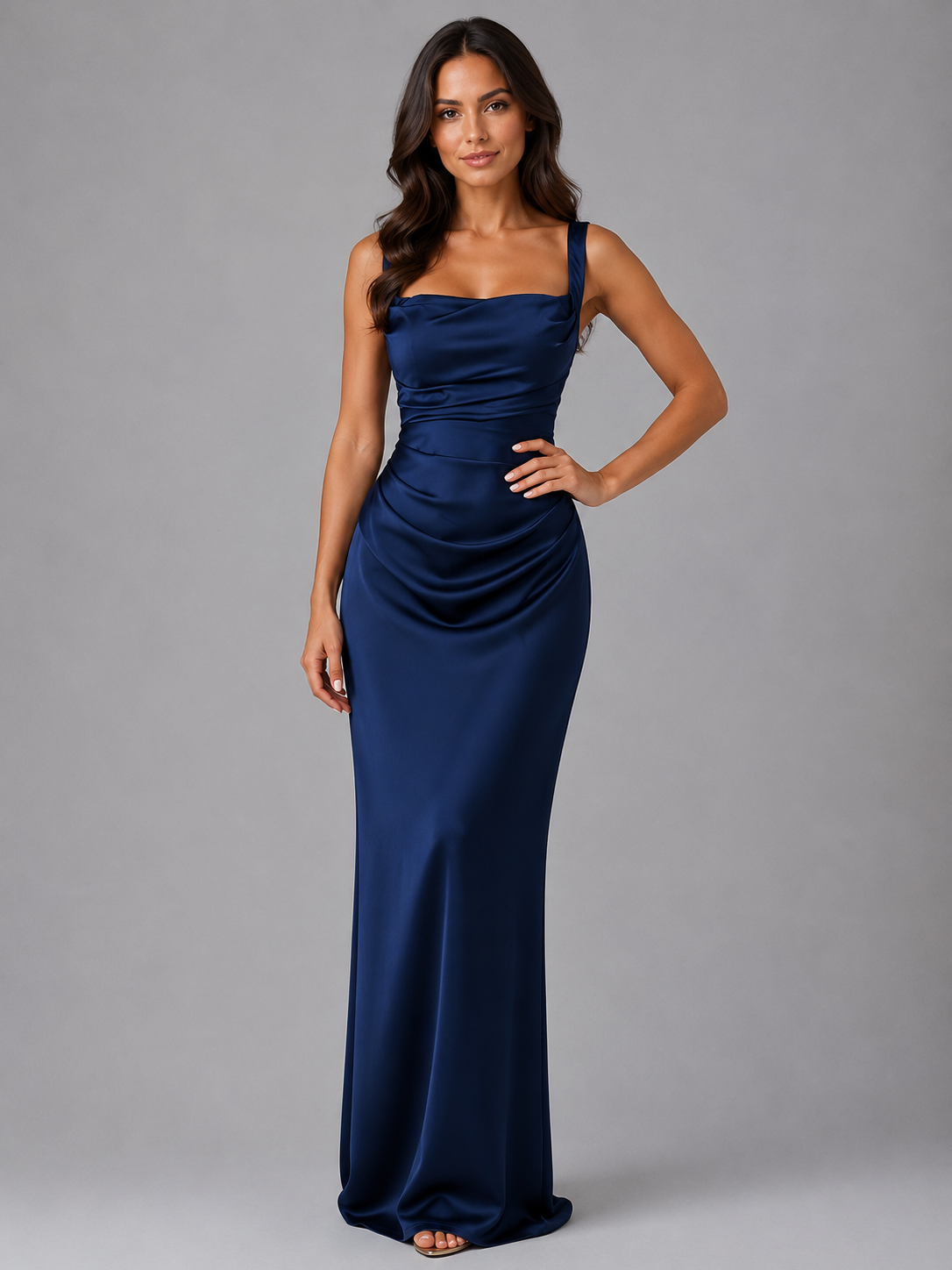 Women's Satin Ruched Waist Maxi Dress Sculpted Fit