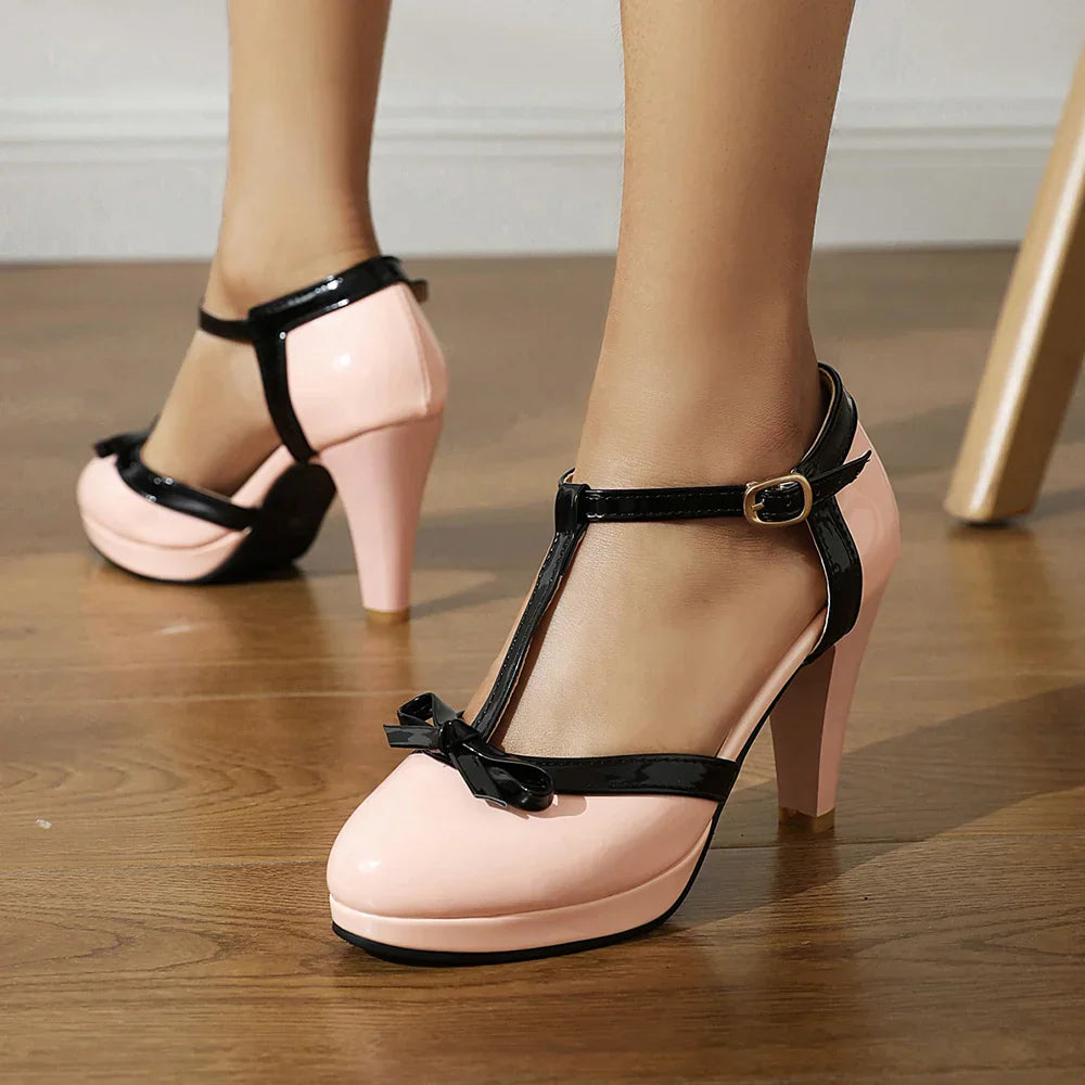 Women's T-Strap High Heel Pumps Buckle Closure Round Toe