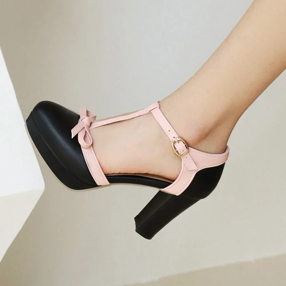 Women's T-Strap High Heel Pumps Buckle Closure Round Toe